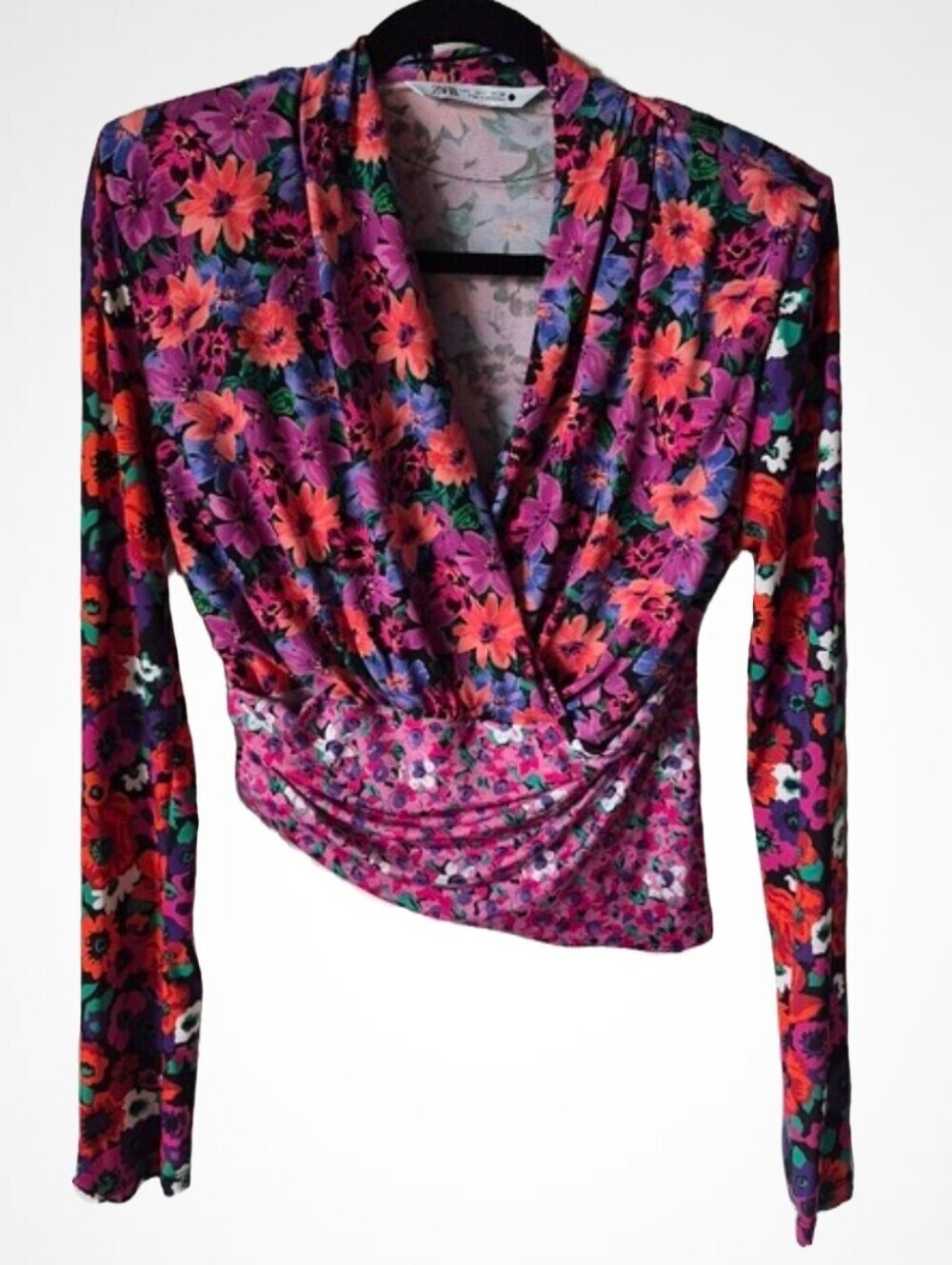 Zara Pink Purple Floral Wrap-Style Long Sleeve Blouse